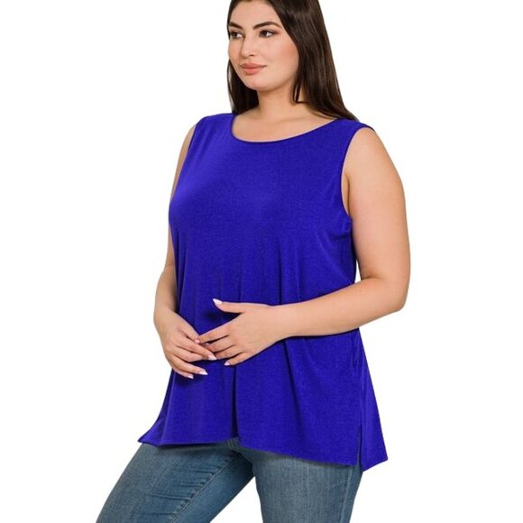 Zenana Bright Blue Sleeveless Side Split Tank Top RT8187 - Picture 1 of 14